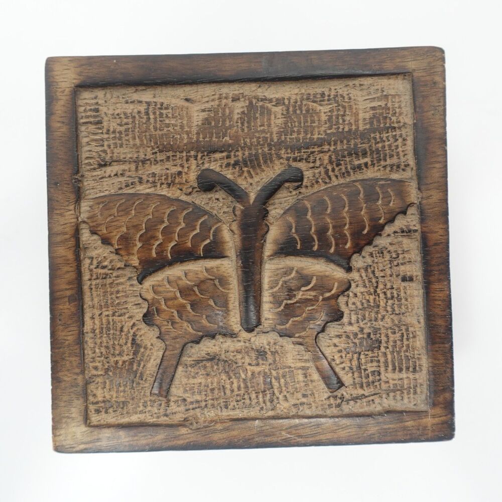 Wood Carved Box With Butterfly Inlay